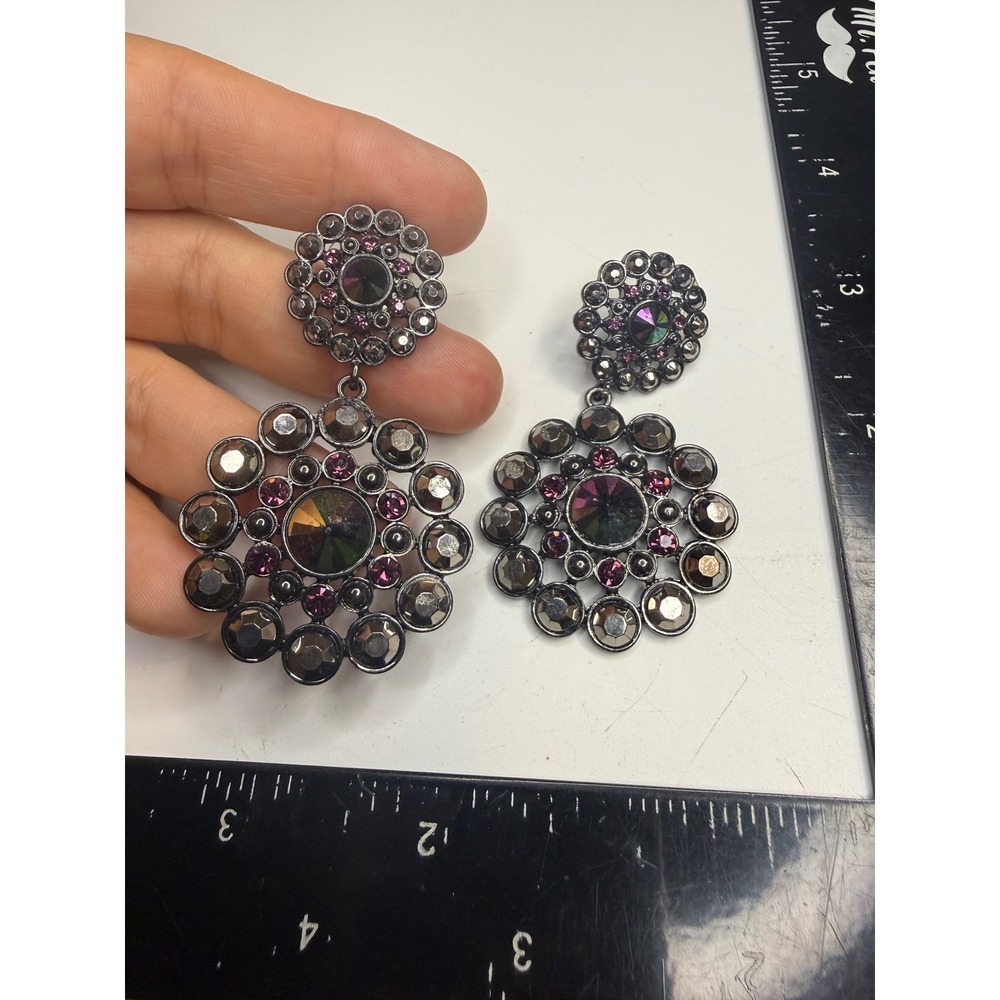 Gunmetal Purple Rhinestone Sunburst Drop Earrings Statement Dangle Post Back